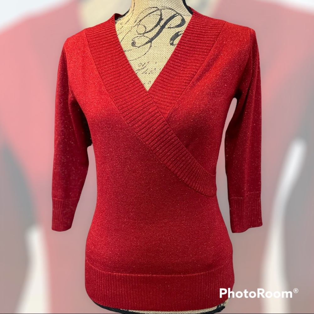 🌷 2/$15 AGB Petite red metallic faux wrap sweater